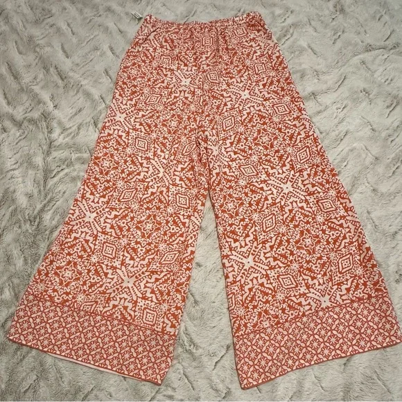 Japna Orange and White Patterned Stretch Wide-Leg Pants - Picture 4 of 7